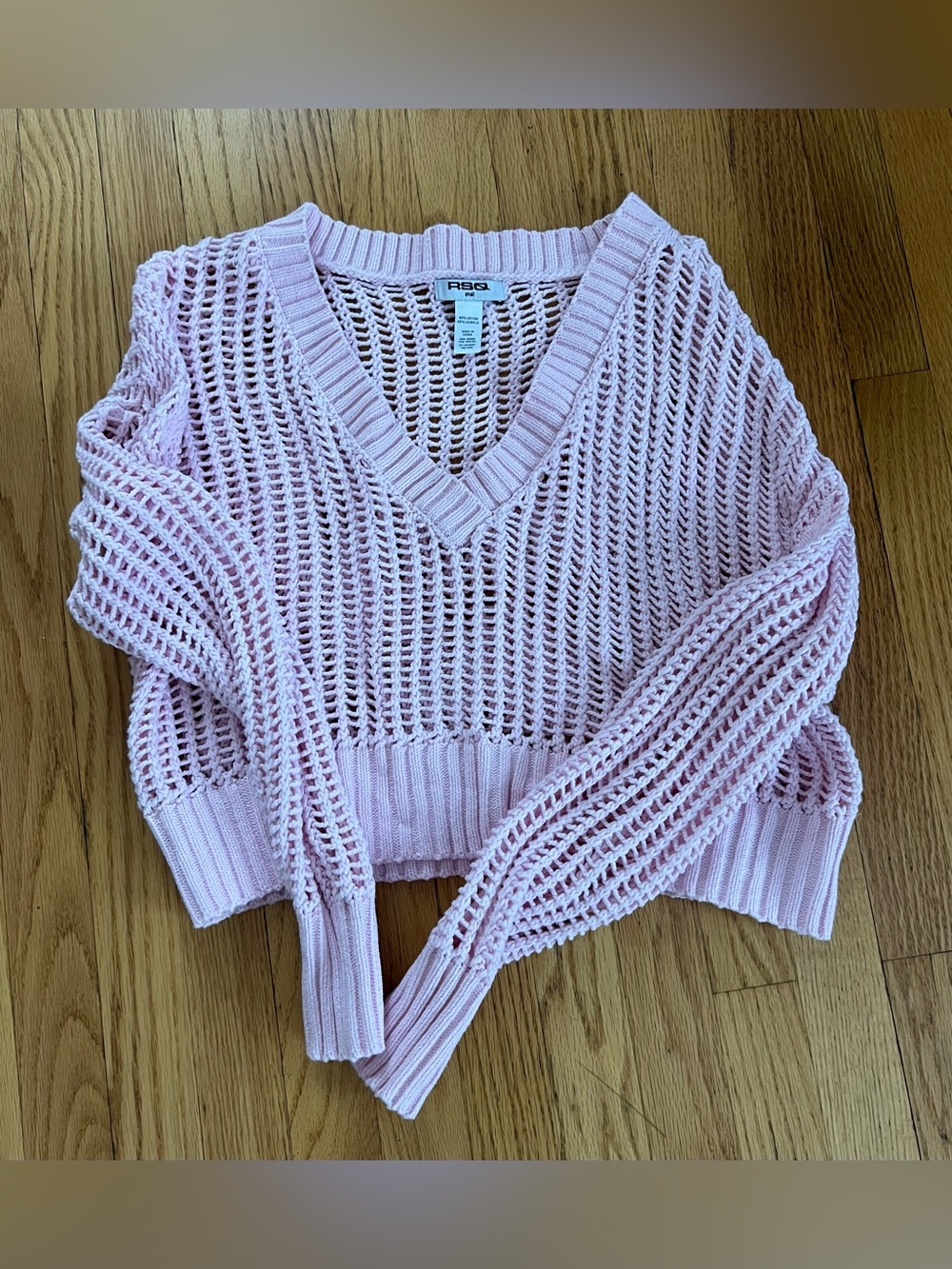 RSQ Light Pink Open-Knit V-Neck Cropped Sweater